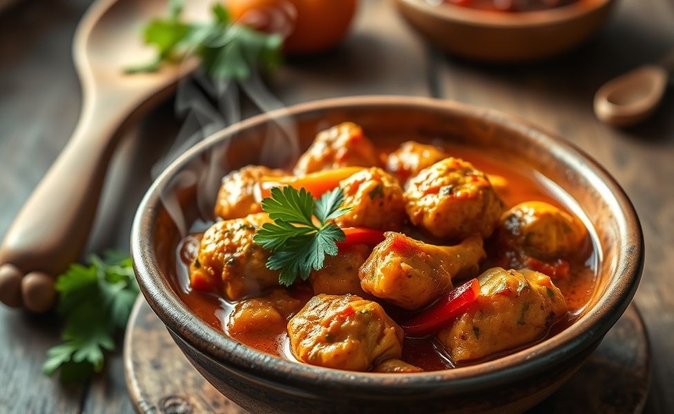 Prato final das Receitas do Guigo - frango ao molho com pimentões em tiras, servido em bowl rústico com salsa fresca