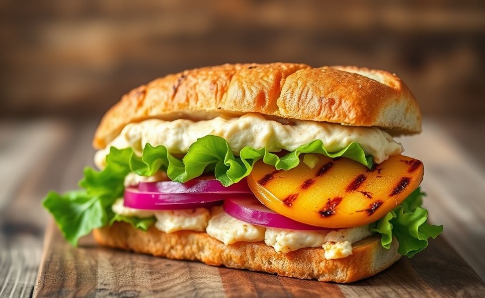 Sanduíche do Guigo aberto mostrando camadas de frango cremoso, abacaxi grelhado, alface e cebola roxa em pão brioche tostado