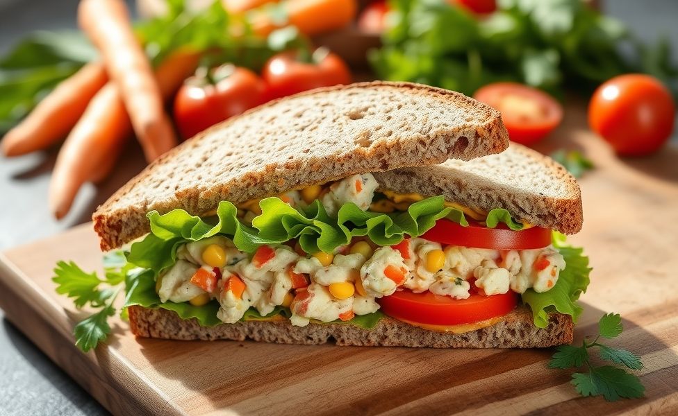 Sanduíche natural Receitas do Guigo cortado ao meio mostrando recheio cremoso de frango com legumes frescos em pão integral