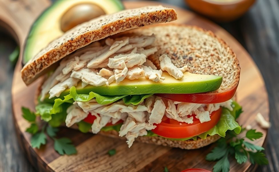 Sanduíche natural das Receitas do Guigo cortado ao meio mostrando camadas de frango desfiado, abacate cremoso, alface e tomate fresco em pão integral