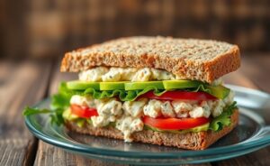 Sanduíche natural das Receitas do Guigo com frango desfiado, abacate cremoso, tomate fresco e alface em pão integral cortado ao meio