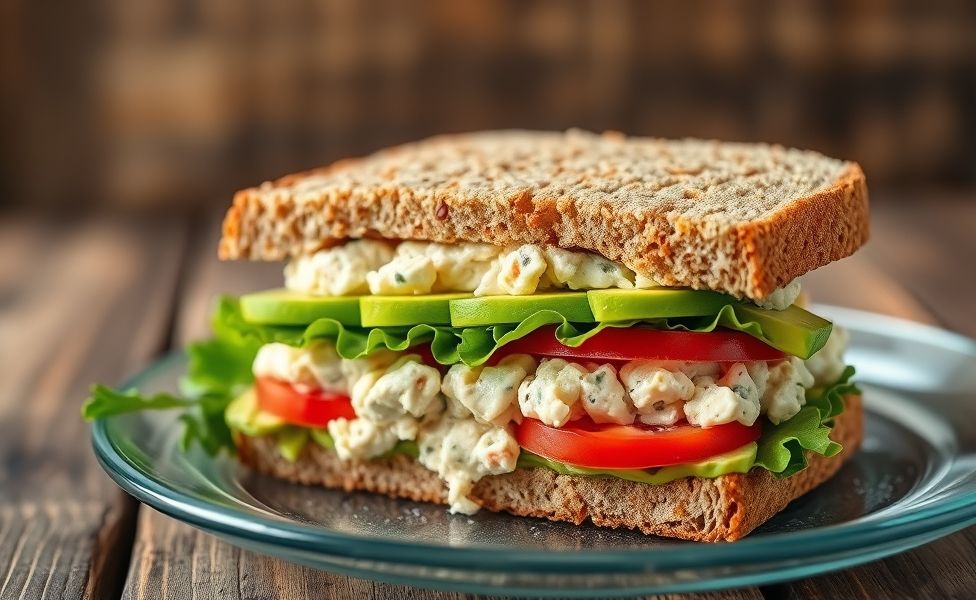 Sanduíche natural das Receitas do Guigo com frango desfiado, abacate cremoso, tomate fresco e alface em pão integral cortado ao meio