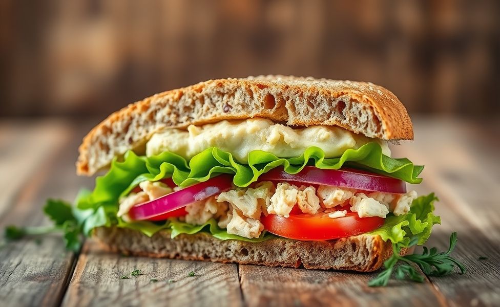 Sanduíche natural das Receitas do Guigo cortado ao meio mostrando camadas de abacate cremoso, frango desfiado e vegetais frescos em pão integral