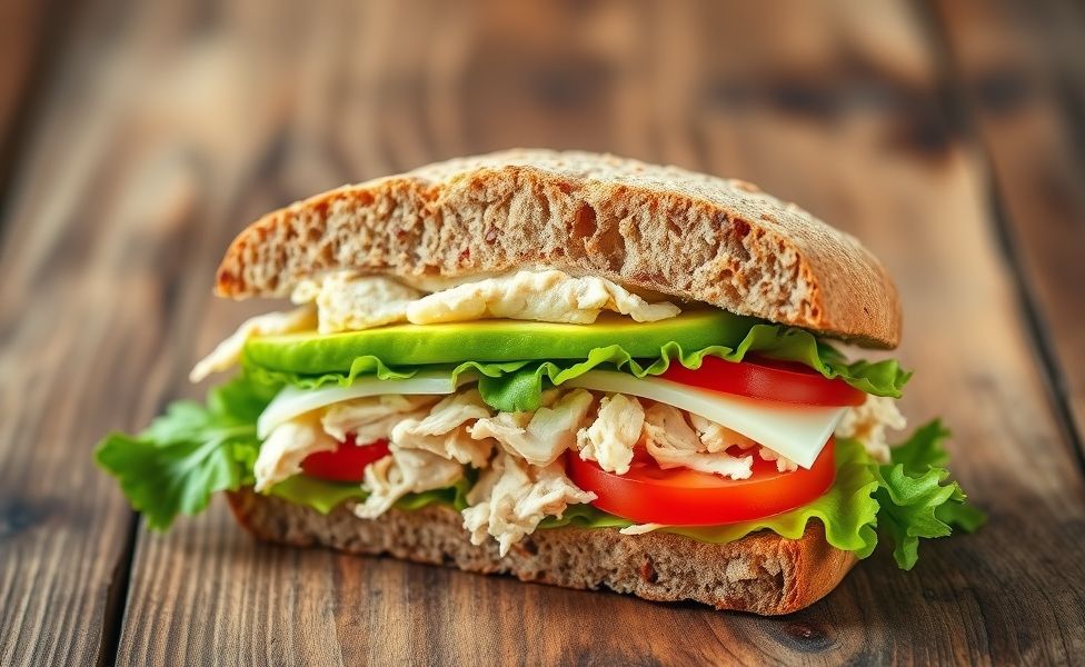 Sanduíche natural Receitas do Guigo cortado ao meio mostrando camadas de abacate cremoso, frango desfiado, alface, tomate e queijo em pão integral