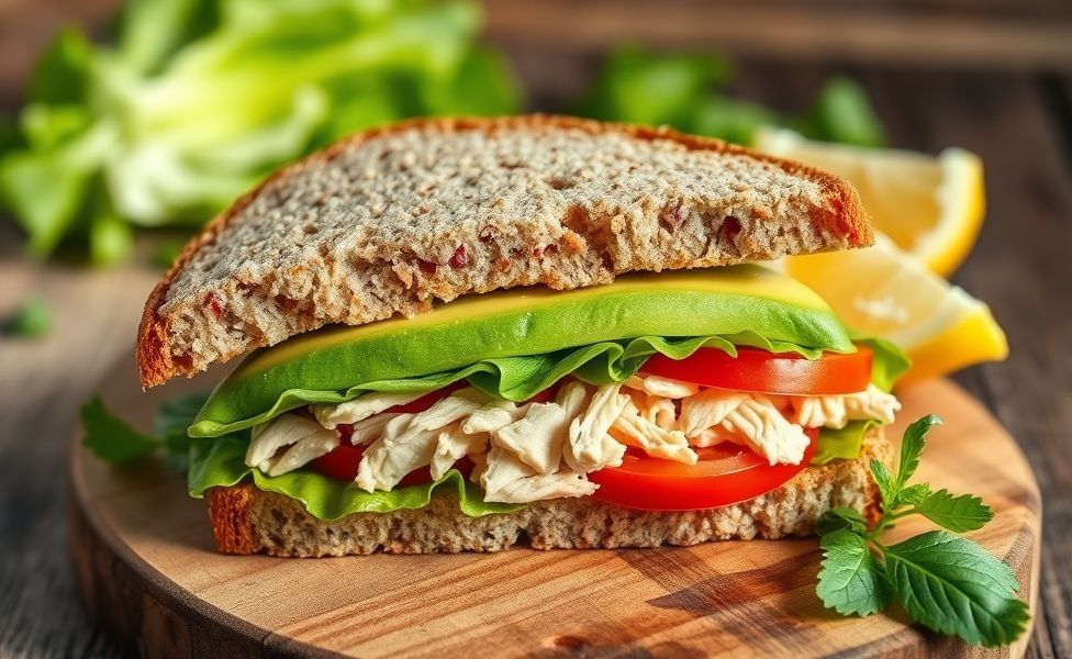 Sanduíche natural Receitas do Guigo cortado ao meio mostrando camadas de abacate cremoso, frango desfiado, alface e tomate em pão integral