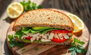 Sanduíche Receitas do Guigo cortado ao meio mostrando recheio de frango desfiado, abacate cremoso, alface e tomate em pão integral