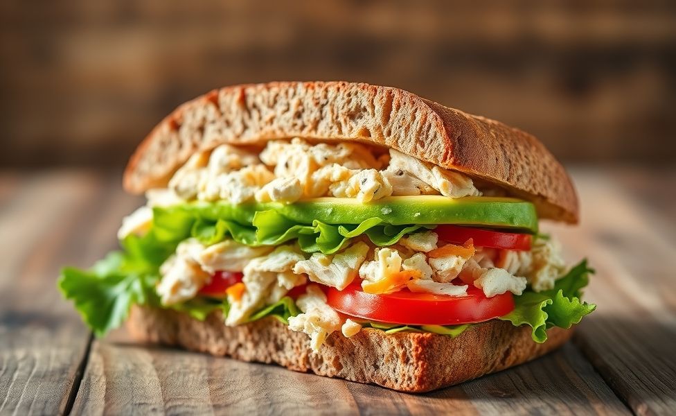 Sanduíche natural Receitas do Guigo cortado ao meio mostrando camadas de frango desfiado, abacate cremoso, alface, tomate e cenoura ralada em pão integral