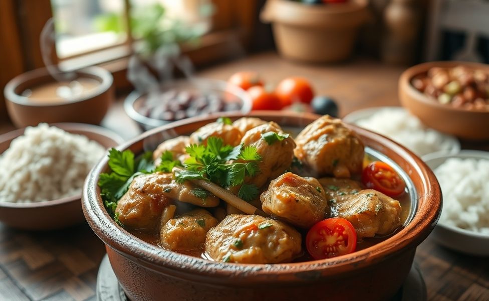 Prato das Receitas do Guigo - frango ensopado com tomate e pimentão servido em panela de barro com arroz branco