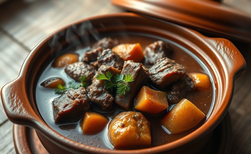 Prato tradicional das Receitas do Guigo - costela bovina cozida com legumes em molho encorpado servido em panela de barro