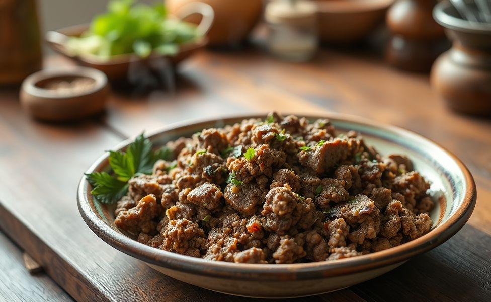 Prato tradicional das Receitas do Guigo com carne moída temperada servida sobre arroz branco, decorado com cheiro-verde fresco