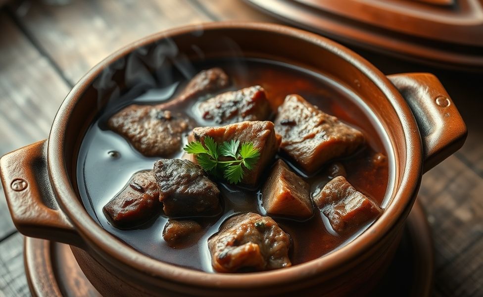 Prato tradicional das Receitas do Guigo - costela bovina cozida em panela de barro com molho encorpado e temperos frescos